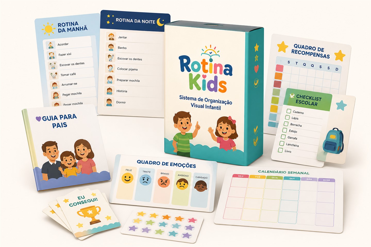 Kit Rotina Kids com rotinas visuais, quadro de recompensas, checklist escolar, calendário e guia para pais